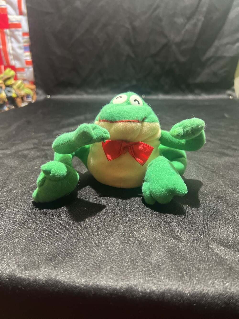 Vintage Cuddle Wit Green Frog Plush Stuffed Animal with Red Bow Tie